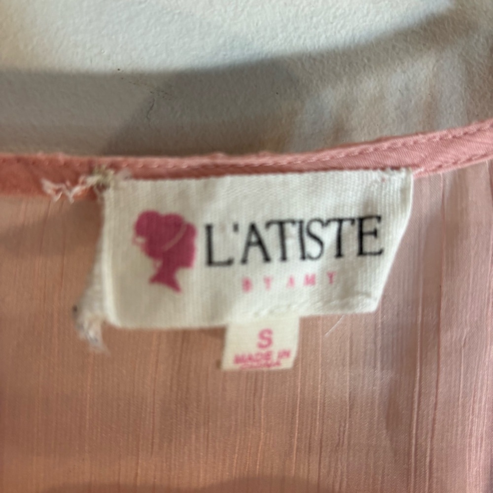 L'ATISTE Sz S Blush Pink Sheer Dress with Ruffles And Balloon Sleeves Lined Ties - Picture 2 of 12